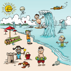 Naklejka premium Cartoon people enjoy summer vacation activities on a sunny beach including surfing, swimming, building sandcastles and tanning.