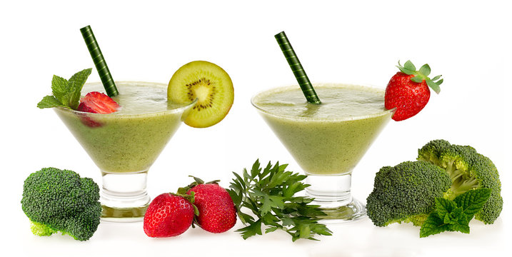 Healthy Green Smoothie with Fresh Fruit and Vegatables Isolated