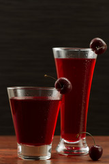 juice cherry with ripe berries on wooden background. A healthy diet