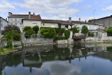 Berges en pierres blanches avec verdure à l'arrière des vieilles bâtisses à Jarnac-sur-Charente