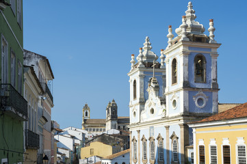 Pelourinho Salvador da Bahia Brazil historic colonial church architecture of the Church of Our Lady of the Rosary of the Blacks under bright blue skies