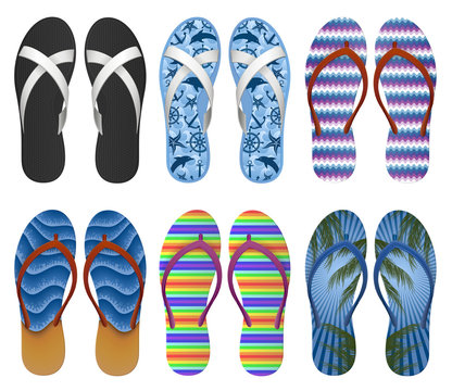 Set of colourful, decorated flip flops, EPS 10 contains transparency.
