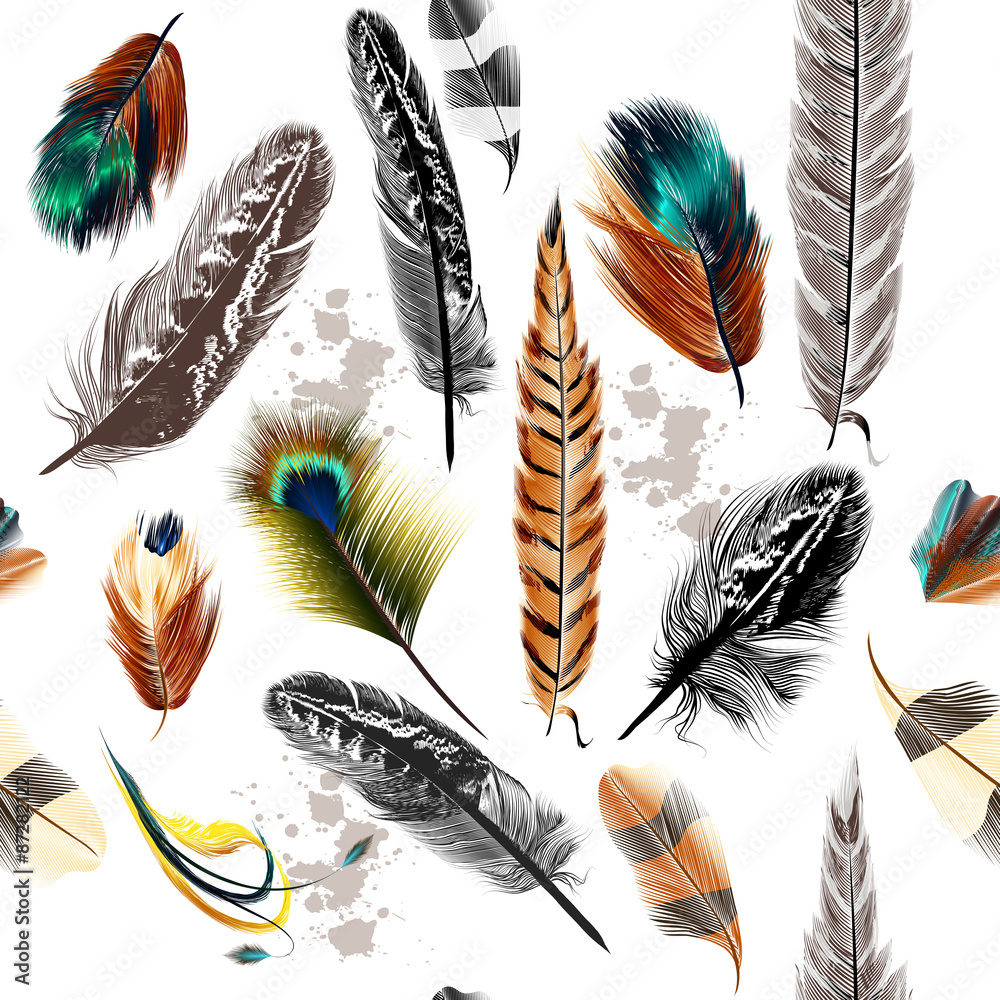 Poster seamless pattern with colorful and engraved feathers