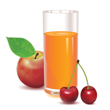 glass for juice from ripe red berries cherries and red apple with leaves isolated on a white background