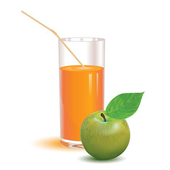 glass for juice from the ripe green apple on a white background