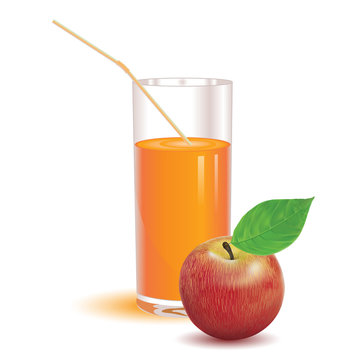 glass for juice from the ripe red apple on a white background