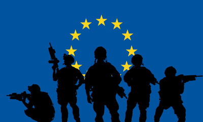 Fototapeta premium rangers team with rifle on a European Union flag