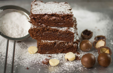 Brownie. Chocolate cakes with  macadamia