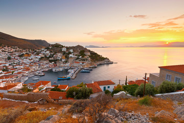 Fototapeta premium View of the port of Hydra at the sunset .
