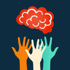 Hands reaching for the brain. Vector design