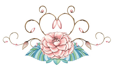 Watercolor floral design, romantic floral garland with a shape of a heart, valentines design element isolated on white.