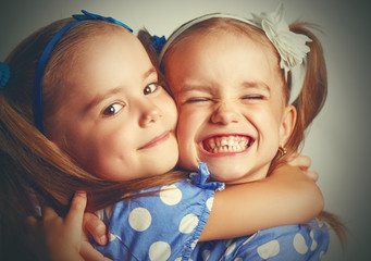 Happy funny twins sisters hugging and laughing