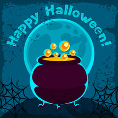 Happy halloween greeting card with pot of potion