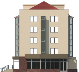 3D illustration of a facade of an inhabited apartment house in beige color