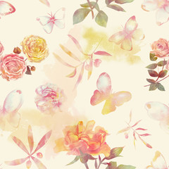 Tender toned seamless pattern with watercolour roses and butterflies