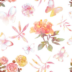 Fototapeta na wymiar A seamless background pattern with tender toned roses and leaves
