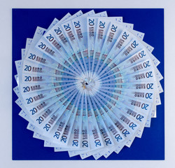 Circular Fan of Euros on Vibrant Blue Background