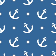 Tile sailor vector pattern white anchor and polka dots on blue background