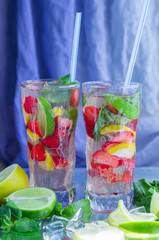 Homemade lemonade. Summer refreshing drink of strawberries, lemo
