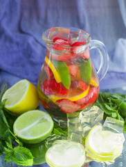 Homemade lemonade. Summer refreshing drink of strawberries, lemo