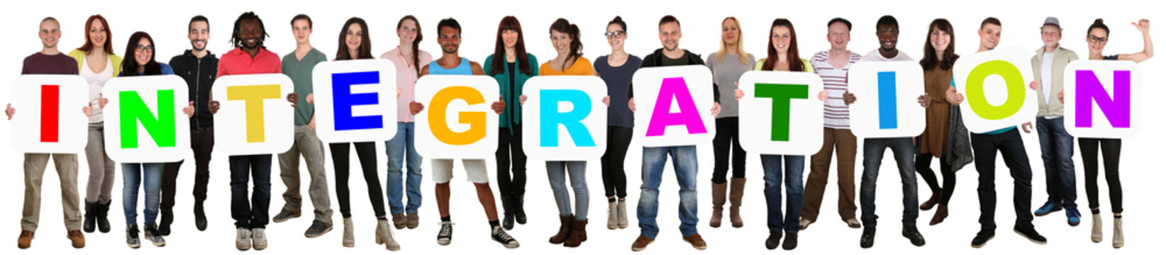 Gruppe junge Leute People multikulturell halten Wort Integration