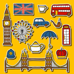 Set of cute hand drawn cartoon stickers on London theme: queen