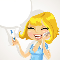 Beautiful girl says on the phone about a positive pregnancy test