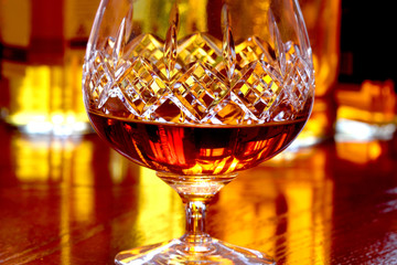 Brandy glass.
Brandy in a cut crystal glass.
