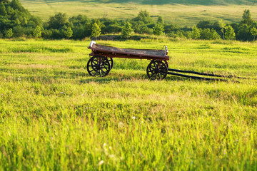 Fototapeta na wymiar Rural landscape with wooden cart