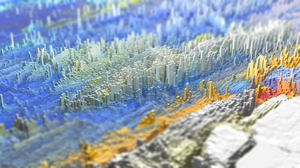 3D render of an abstract Landscape made of tiny cubes