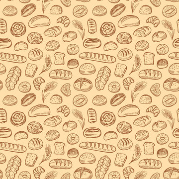 Hand drawn bakery doodles vector seamless pattern.