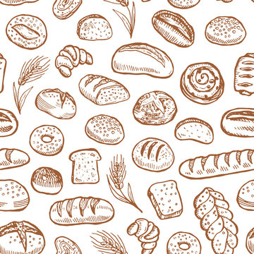 Hand drawn bakery doodles vector seamless pattern.