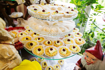 Wedding reception, decor table of fruits and caces