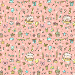 Hand drawn happy birthday doodle seamless pattern