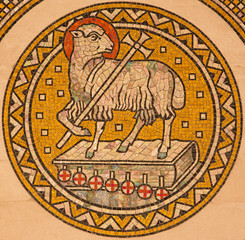 JERUSALEM, ISRAEL - MARCH 3, 2015: The lamb of God.  Mosiaic on the side altar of Evangelical Lutheran Church of Ascension designed by H. Schaper and F. Pfannschmidt (1988-1991).
