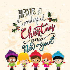 Cute Christmas Children on a Textured Background