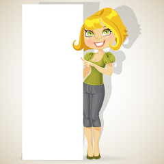 Cute girl holding a large blank banner for your text