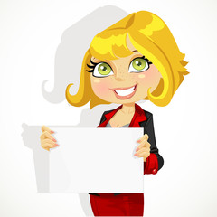 Festive business lady hold blank banner for your message