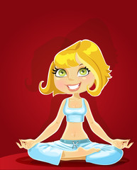 Cute blond in a yoga lotus position on red background