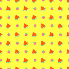 Pattern with watermelon and raspberries on a yellow background