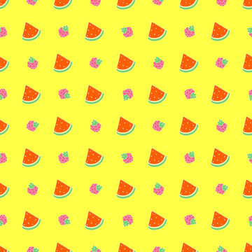 Pattern with watermelon and raspberries on a yellow background