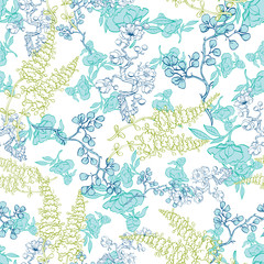 Vector Kimono Plants Lineart Seamless Pattern