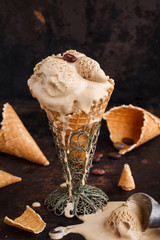  Coffee ice cream in a waffle cone.selective focus