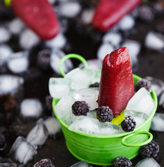 BlackBerry ice cream on a stick,fruit, against a dark background.selective focus