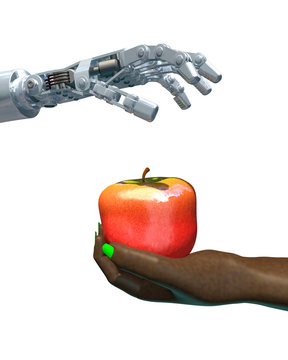High-quality 3D render of a robot hand giving an apple to a human hand. Isolated on white background; metaphor for the increasing use of technology in food production worldwide.