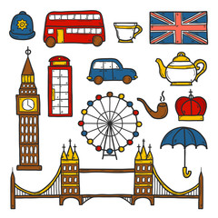 Set of cute hand drawn cartoon objects on London theme: queen