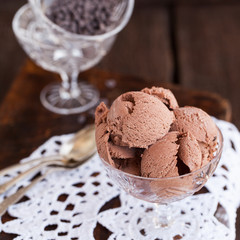Chocolate ice cream in the ice-cream bowls.selective focus