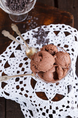 Chocolate ice cream in the ice-cream bowls.selective focus