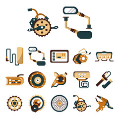 Electric bike details flat color vector icons