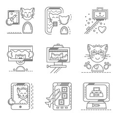 Cat selfie flat line icons